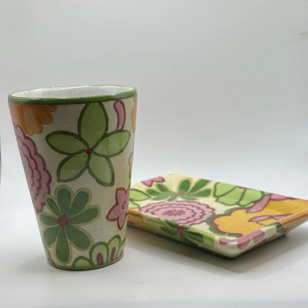 Floral Ceramic Cup and Soap Dish Set NWT